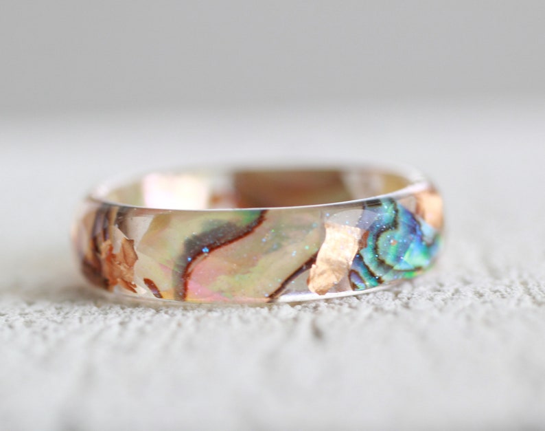 Abalone Shell Ring, Resin Ring with Abalone Shell, copper flakes and stardust, organic ring, nature inspired jewelry for women image 3