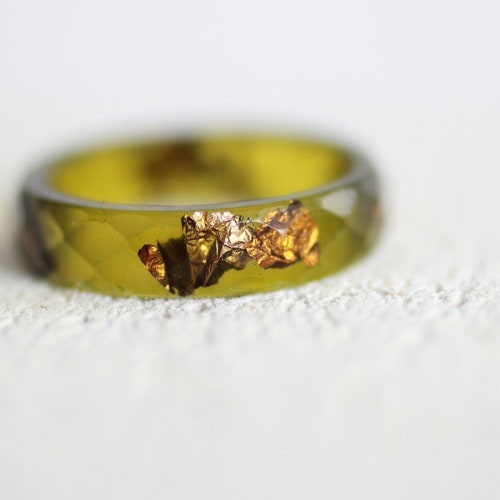 Graphite Resin Faceted Ring With Gold Flakes Hypoallergenic Etsy