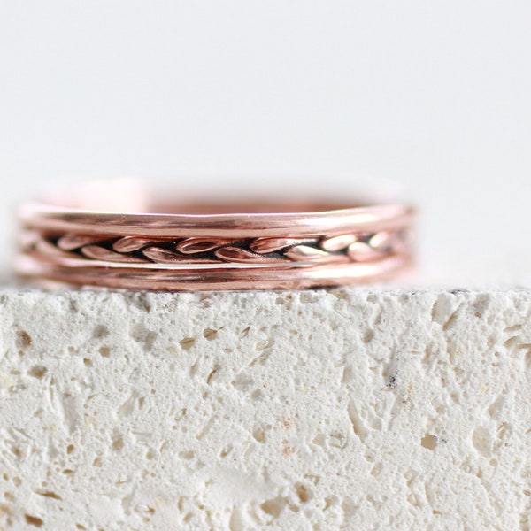 Thin Copper rings, stacking ring set, braided wedding band, 7th anniversary gift, sustainable copper jewelry