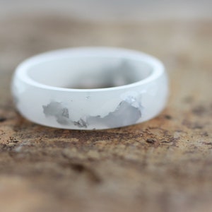 White Resin Ring with Silver leaf, simple wedding band ring, handmade resin jewelry gift for women and men