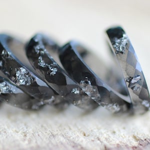 Black Resin Ring with Silver flakes, faceted stacking band, handmade resin jewelry for men's and women's gift