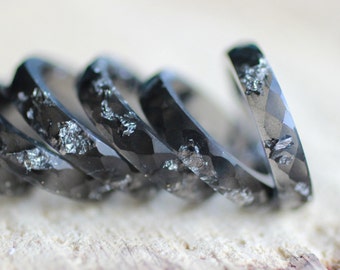 Black Resin Ring with Silver flakes, faceted stacking band, handmade resin jewelry for men's and women's gift