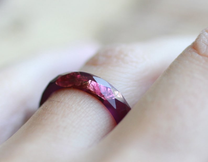 Ruby Red Resin ring, Purple ring, faceted stacking band ring with Copper flakes, handmade resin jewelry gift image 2