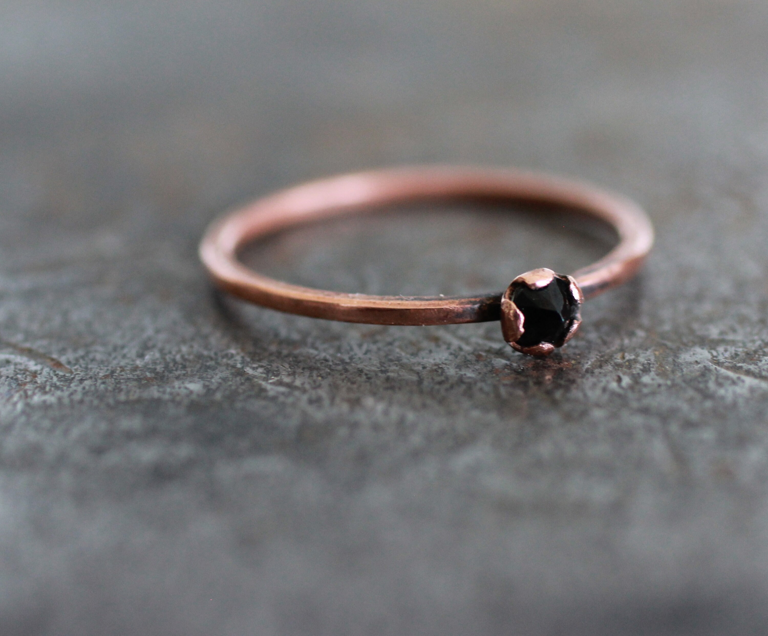 Copper ring with Black stone, Flower stacking ring, handmade gemstone sustainable jewelry gift for women