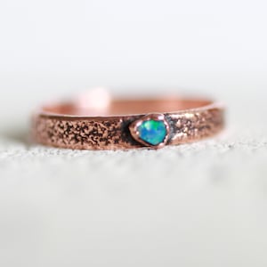 Raw Australian Opal copper ring, flat textured electroformed band ring, jewelry sustainable gift for women