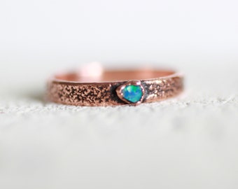 Raw Australian Opal copper ring, flat textured electroformed band ring, jewelry sustainable gift for women