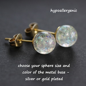 Ball Resin stud earrings, Sphere earrings with rainbow bubbles and hypoallergenic silver or gold base, surgical studs, sensitive jewelry