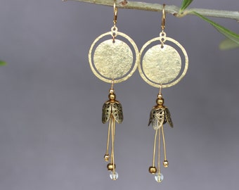 Hammered Brass earrings, long gold earrings, Flower lever back earrings, lightweight brass jewelry for women, Christmas gift