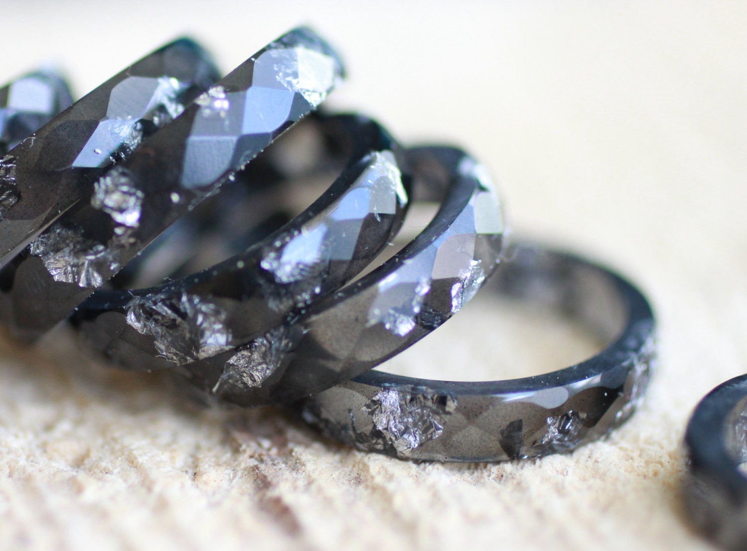 Black Herkimer Resin Faceted Ring With Silver Flakes - Etsy