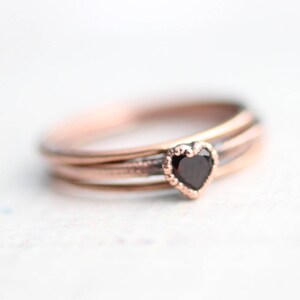 Copper ring set Heart Red Garnet ring & thin plain bands, electroformed jewelry sustainable gift for women