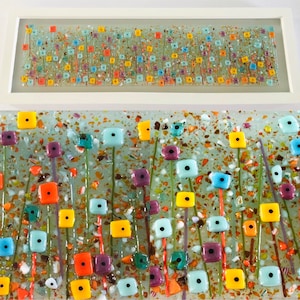 Fused Glass - Fused glass contemporary autumn flowers framed art, cornish fused glass, fused glass cornwall