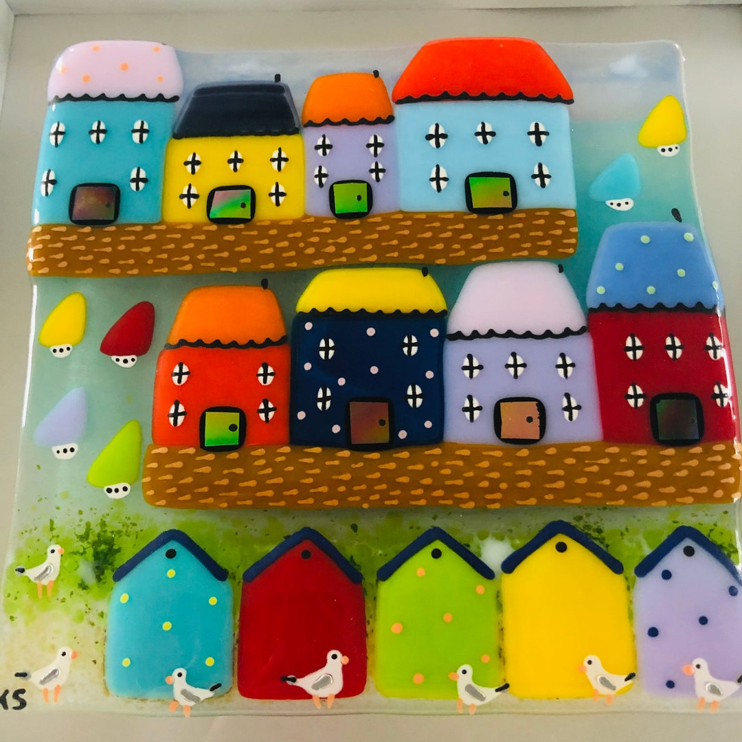 Fused Glass Beach Huts With Houses & Sailboats Glass Art Etsy