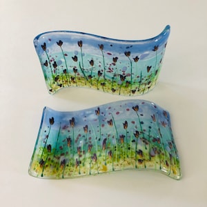 Fused Glass Art - fused glass beautiful coastal floral wave, Cornish fused glass, Fused Glass Cornwall