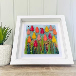 Fused Glass Spring Tulip Flowers Framed Art, Spring tulips art, cornish fused glass, fused glass flowers