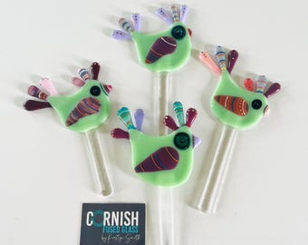 Decoración de jardín con pájaros de vidrio fusionado, estacas para plantas de vidrio fusionado, adorno para pastel de baby shower, vidrio fusionado de Cornualles, vidrio fusionado de Cornualles