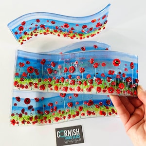 Fused Glass Art - fused glass beautiful poppy coastal floral wave, Cornish fused glass