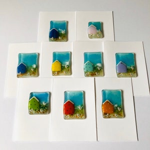Fused Glass Art - Greetings Card - beach hut & seagull glass art, cornish fused glass