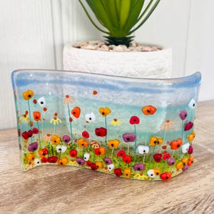 Pretty floral fused glass freestanding wave, Cornish fused glass, Fused Glass Cornwall