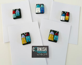 Fused Glass tiny houses blank Greetings Card , cornish fused glass