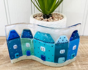 Fused Glass cute colourful houses fused glass wave, cornish fused glass, Fused Glass Cornwall