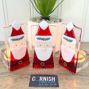 Father Christmas fused glass candle holder Christmas Decoration, Santa decoration,Cornish Fused Glass