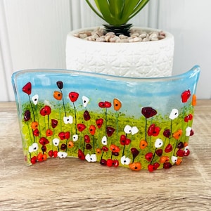Stunning Cornish coastal poppies Fused Glass freestanding wave, Cornish fused glass, fused glass cornwall