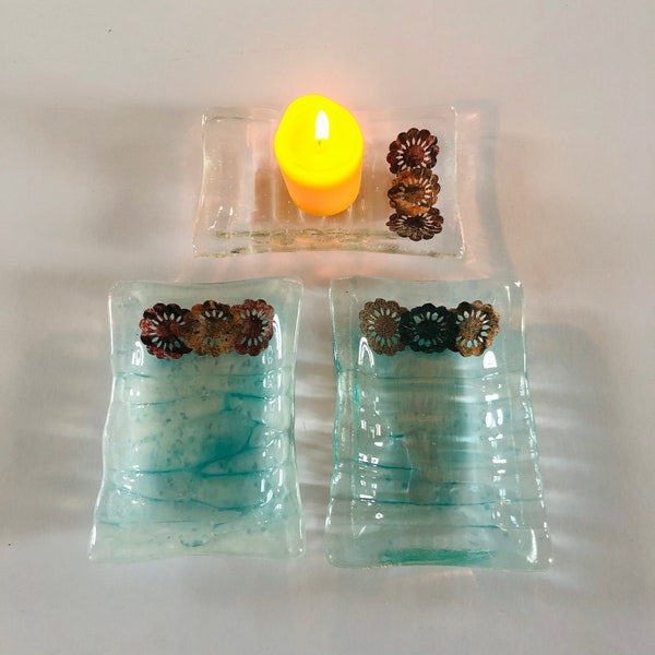 Sale - Fused Glass Art Flower Soap Dish or Candle Holder, cornish fused glass, Fused Glass Cornwall