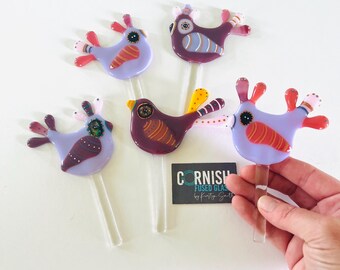 Stunning Fused glass bird garden decoration, fused glass plant stakes, baby shower cake topper, cornish fused glass, Fused Glass Cornwall
