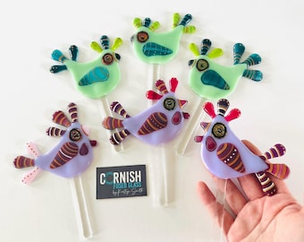 Stunning Fused glass bird garden decoration, fused glass plant stakes, baby shower cake topper, cornish fused glass, Fused Glass Cornwall