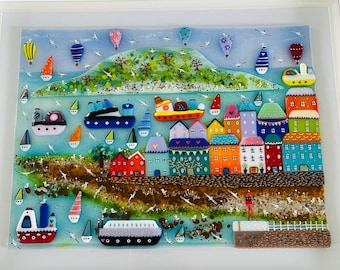 Reserved - Looe island in Cornwall colourful fused glass framed coastal art, Cornish fused glass, fused glass cornwall