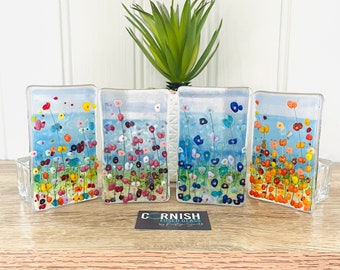 Gesmolten glaskunst - kandelaars met wilde bloemen, Cornish gesmolten glas, gesmolten glas Cornwall