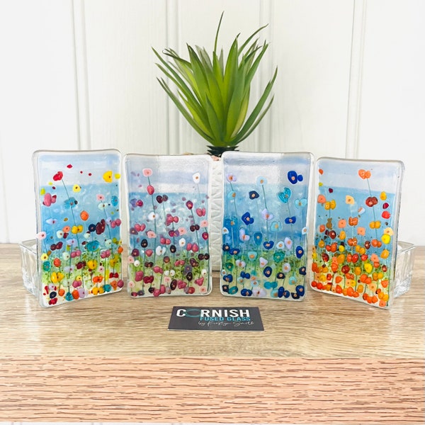 Fused Glass Art -  Wild Flower Candle Holders, Cornish Fused Glass, Fused Glass Cornwall