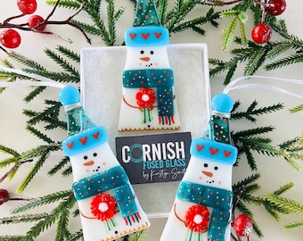 Enfeite de Natal em forma de boneco de neve feito de vidro fundido, decoração de boneco de neve, vidro fundido da Cornualha