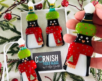 Fused Glass Christmas decoration- Fused Glass penguin decoration, Christmas decoration, Fused Glass Ornament, cornish fused glass,