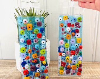 気まぐれな明るい虹の花の融合ガラスアート写真サンキャッチャーと木製