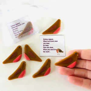 May include: Six brown glass robin ornaments with pink accents. The ornaments are on a white surface. The text on the card reads: "Robins Appear, When lost loved ones Are near, So keep, This one close, When you need it the most..."