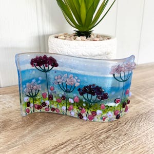 Beautiful wild flower floral fused glass wave, Cornish fused glass, fused glass cornwall