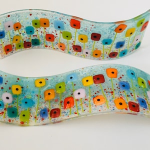Fused Glass Rainbow Flowers Freestanding Wave - Fused Glass Art - Cornish Fused Glass, Fused Glass Cornwall