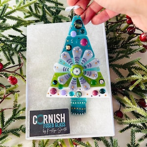 Beautiful retro inspired fused glass Christmas Tree decoration , tree decoration, Christmas decoration, cornish fused glass,