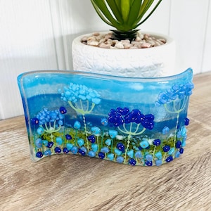 Beautiful wild flower floral fused glass wave, Cornish fused glass, fused glass cornwall