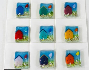 Fused Glass Art - Greetings Card - beach hut & seagull glass art, cornish fused glass