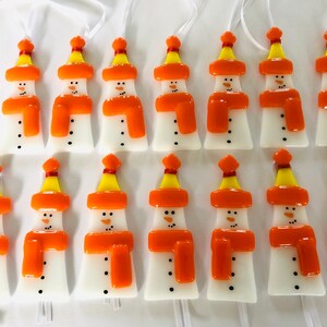 Fused glass Christmas decoration, snowman decoration, Christmas decoration, snowman decoration, Christmas, snowman, Fused Glass Cornwall 6) orange scarf