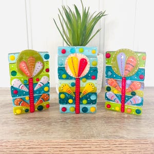 Beautiful Fused Glass Floral Art Candle Holder, Retro inspired flower art, Cornish Fused Glass, Fused Glass Cornwall