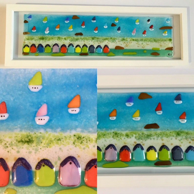 Fused Glass Wall Art Seaside Coastal Boats Beach Huts Framed Home Decor Bathroom Spring