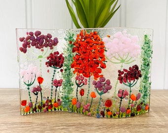 Fused Glass Art - fused glass beautiful wild flower floral wave, Cornish fused glass, fused glass cornwall
