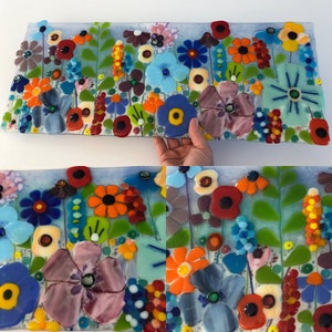 Fused Glass Rainbow Flowers Contemporary Art Pannel - Cornish fused glass
