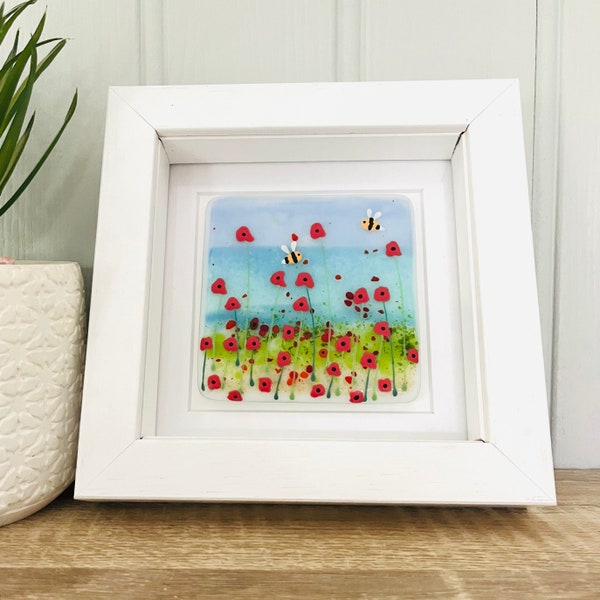 Fused Glass poppy Flowers Art with bees, fused glass, Cornish fused glass, Fused Glass Cornwall