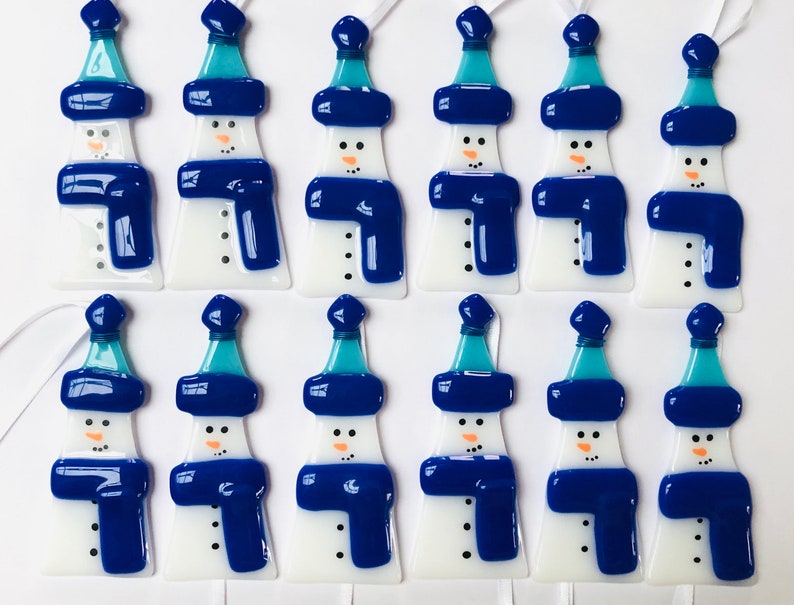 Fused glass Christmas decoration, snowman decoration, Christmas decoration, snowman decoration, Christmas, snowman, Fused Glass Cornwall 4)dark blue scarf