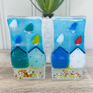 Fused Glass Beach Hut Tealight Holder: Handmade Cornish Art