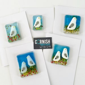 Fused Glass Art - Seagull mini art tile Card, fused glass funny seagull picture, cornish fused glass, Fused Glass Cornwall